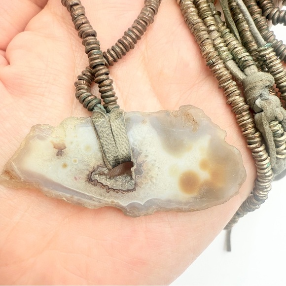 Boho Leather-Wrapped Natural Agate Geode Slice Pendant Necklace or Belt - Picture 9 of 12